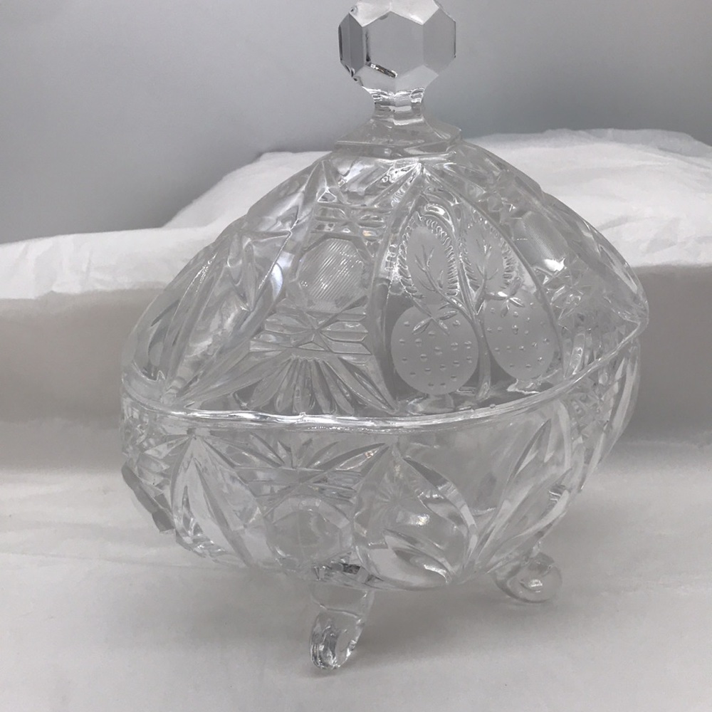Vintage Cut Glass, Crystal Clear, Candy Footed Bowl With Lid - Picture 2 of 9
